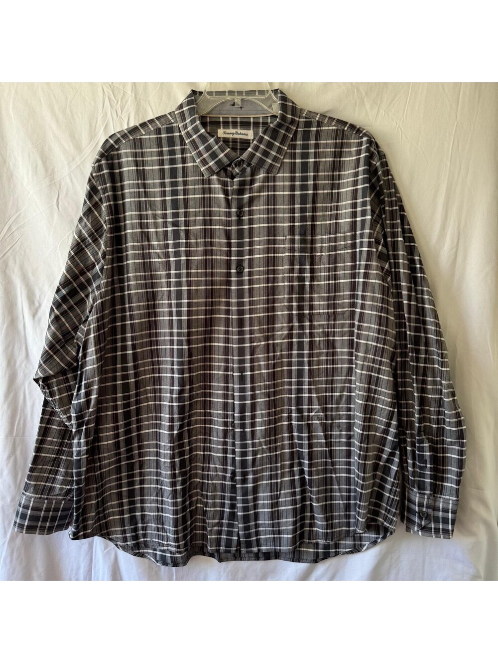 Tommy Bahama Shirt XXL Gray Plaid Check Cotton Button Front Pocket